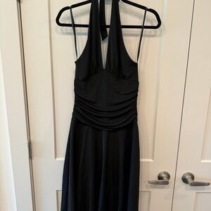 Elegant Black Halter Neck Ruched‎ Waist Flowy Maxi Dress Evening Formal XS